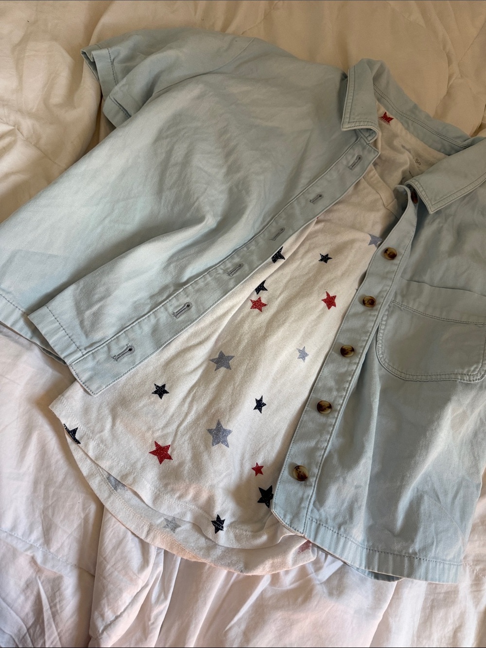 Light Blue Short-Sleeve Button Front Top with Star Print Tee